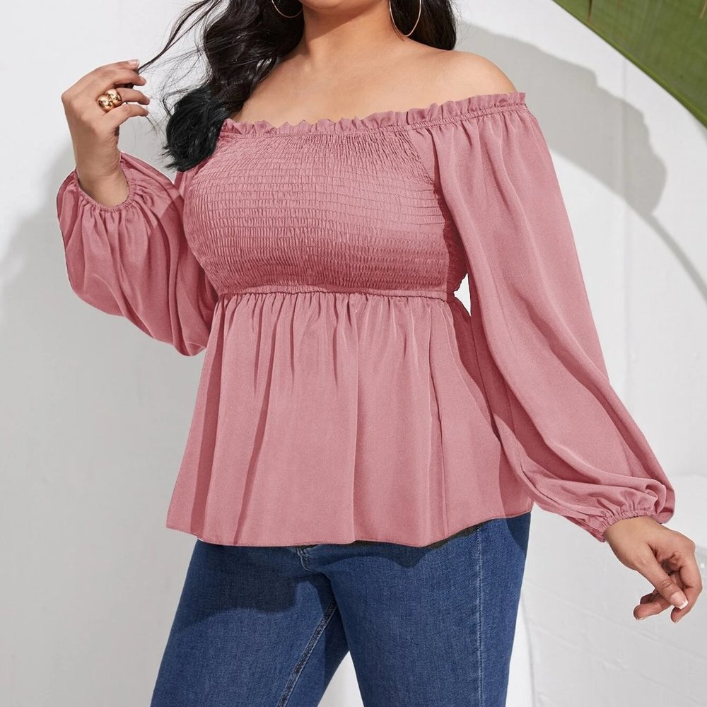 Dusty Pink Shirred Bishop Sleeve Peplum Blouse
